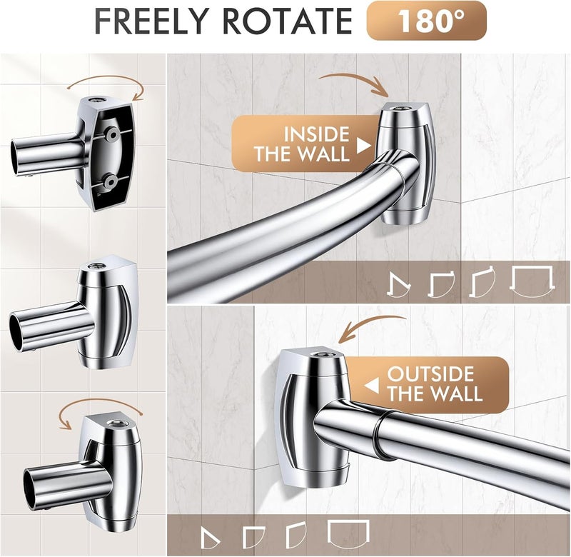 Bonpally Curved Shower Curtain Rod for Bathroom, 40-72 Inches Adjustable Curved Shower Rod, 0.9MM Rustproof Shower Curtain Rod with Rotating Brackets for Extra Shower Space, Need to Drill, Chrome - Image 3